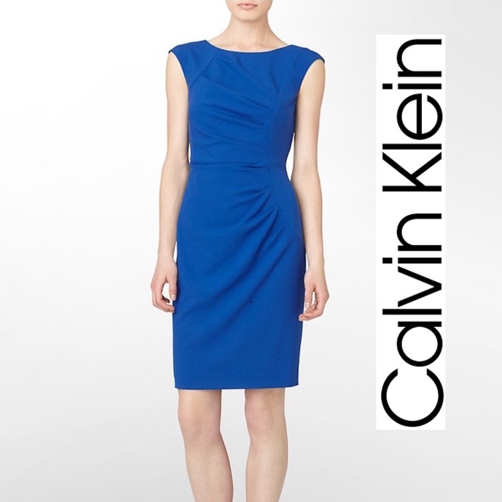 Ck Side Ruched Sleeveless Blue Sheath Dress